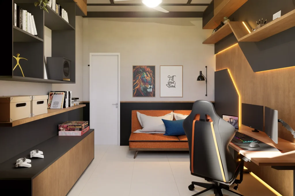 Quarto gamer Tetris – setup de dois monitores e cadeira gamer